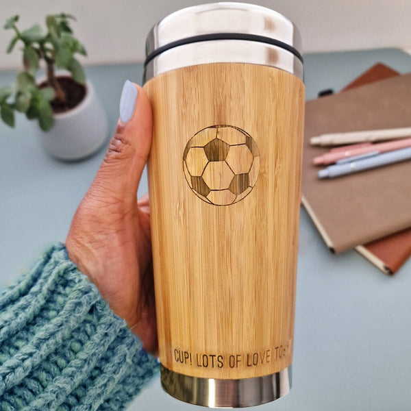 Bamboo travel mug with football and text etched on the side