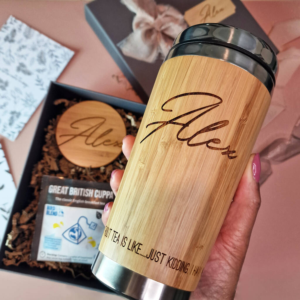 Personalised Wooden Travel Mug Tea Hamper Joanna Emily
