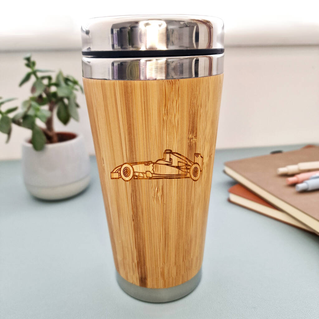Bamboo mug with f1 car etched