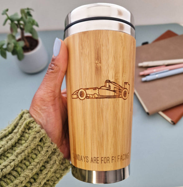 Bamboo Travel mug with etched  F1 car and text