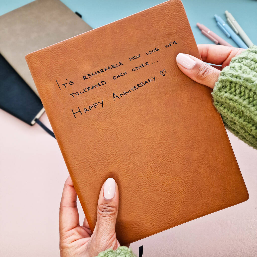 Chestnut Brown notebook etched with handwritten message