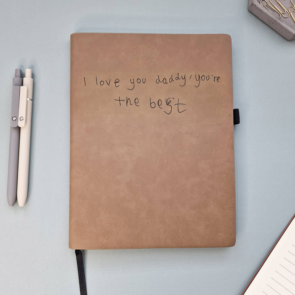 Dark Cream notebook with child's handwriting etched on