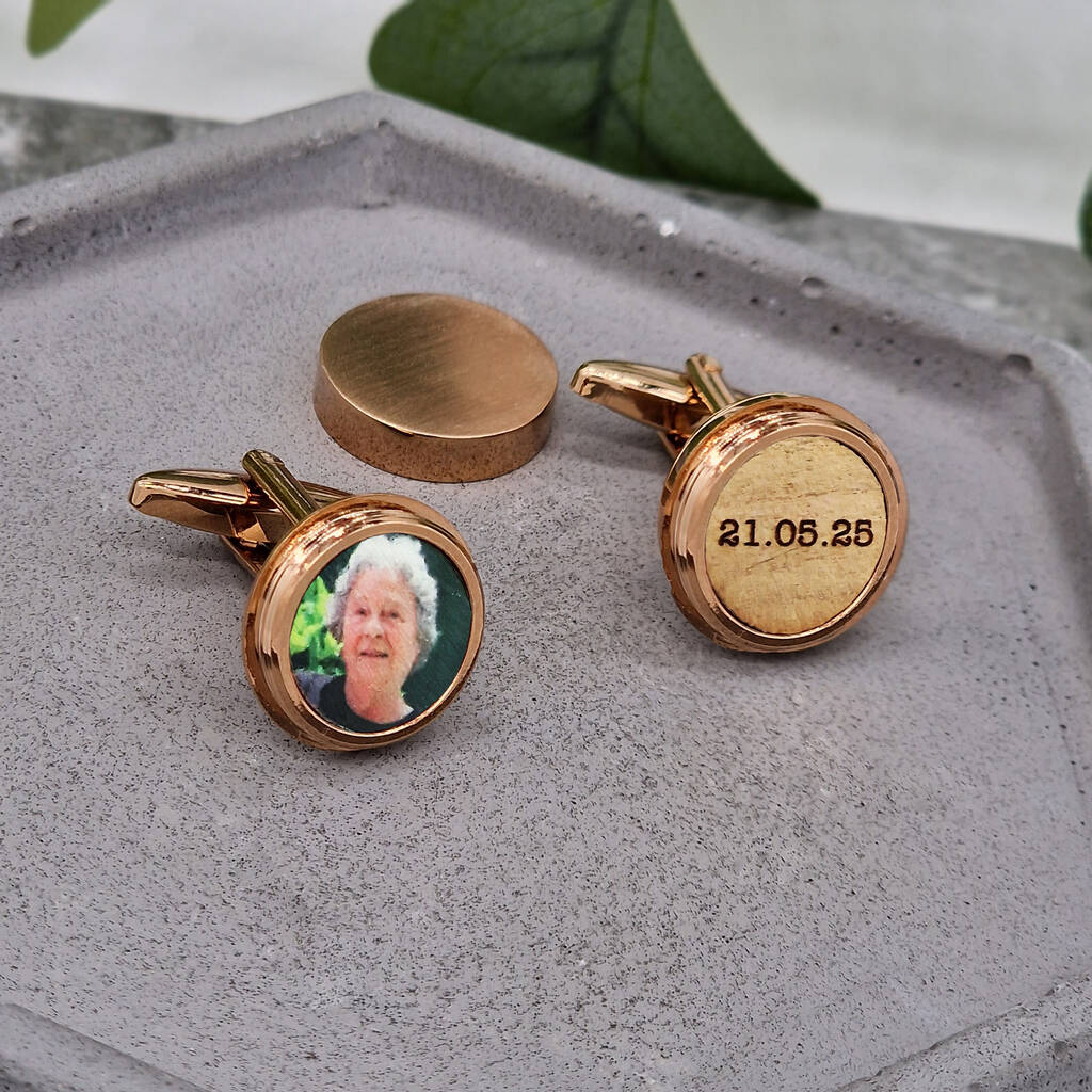 rose gold cufflinks with a photo insert and personalised text