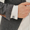 Rhodium cufflink engraved with geometric text