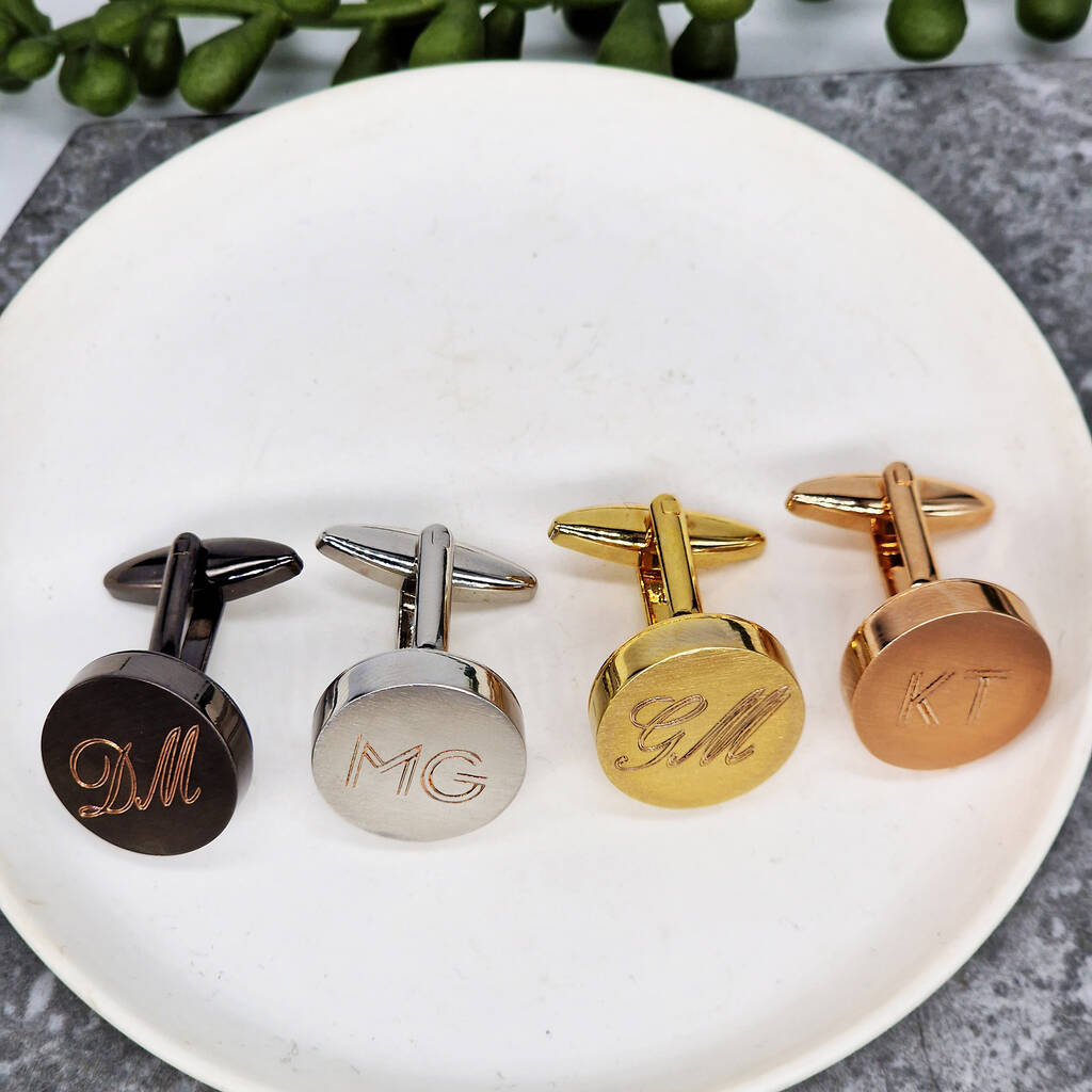 Selection of cufflinks from left to right. gun metal, rhodium, gold and rose gold
