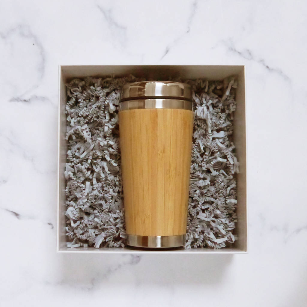 Bamboo travel mug in an open gift box