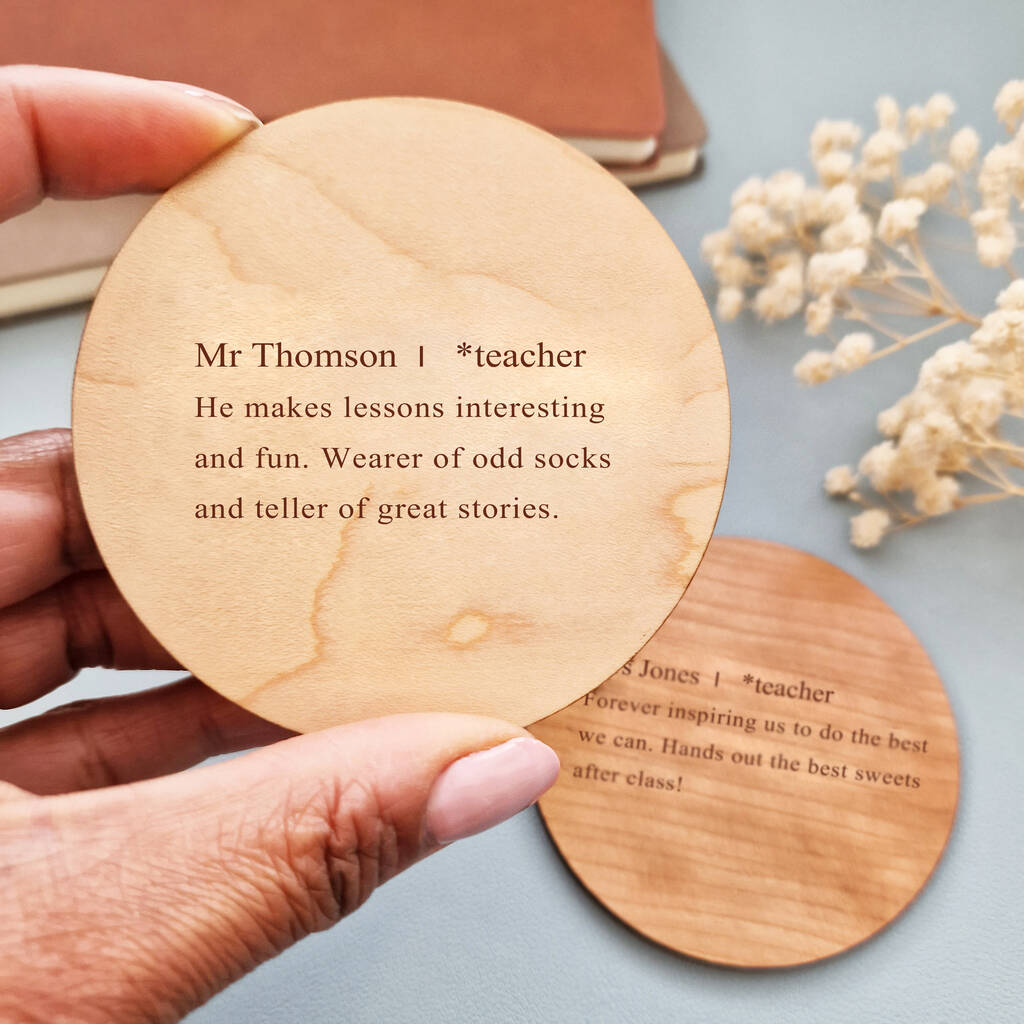 Maple wood coaster personalised with a teachers name and definition