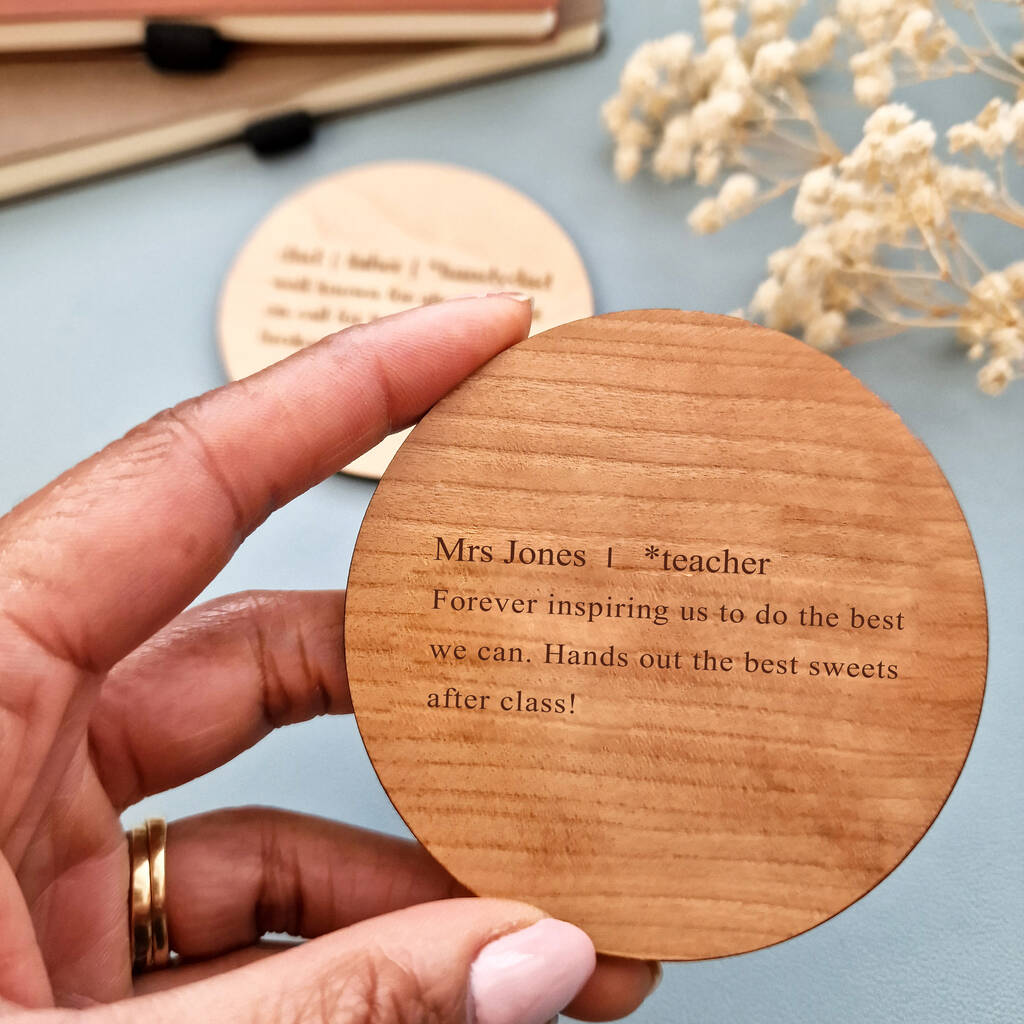 Cherry Wood coaster personalised with teachers name and definition