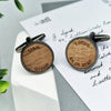 Two gunmetal walnut cufflinks, personalised with words