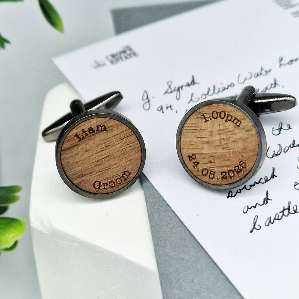 Two gunmetal walnut cufflinks, personalised with words