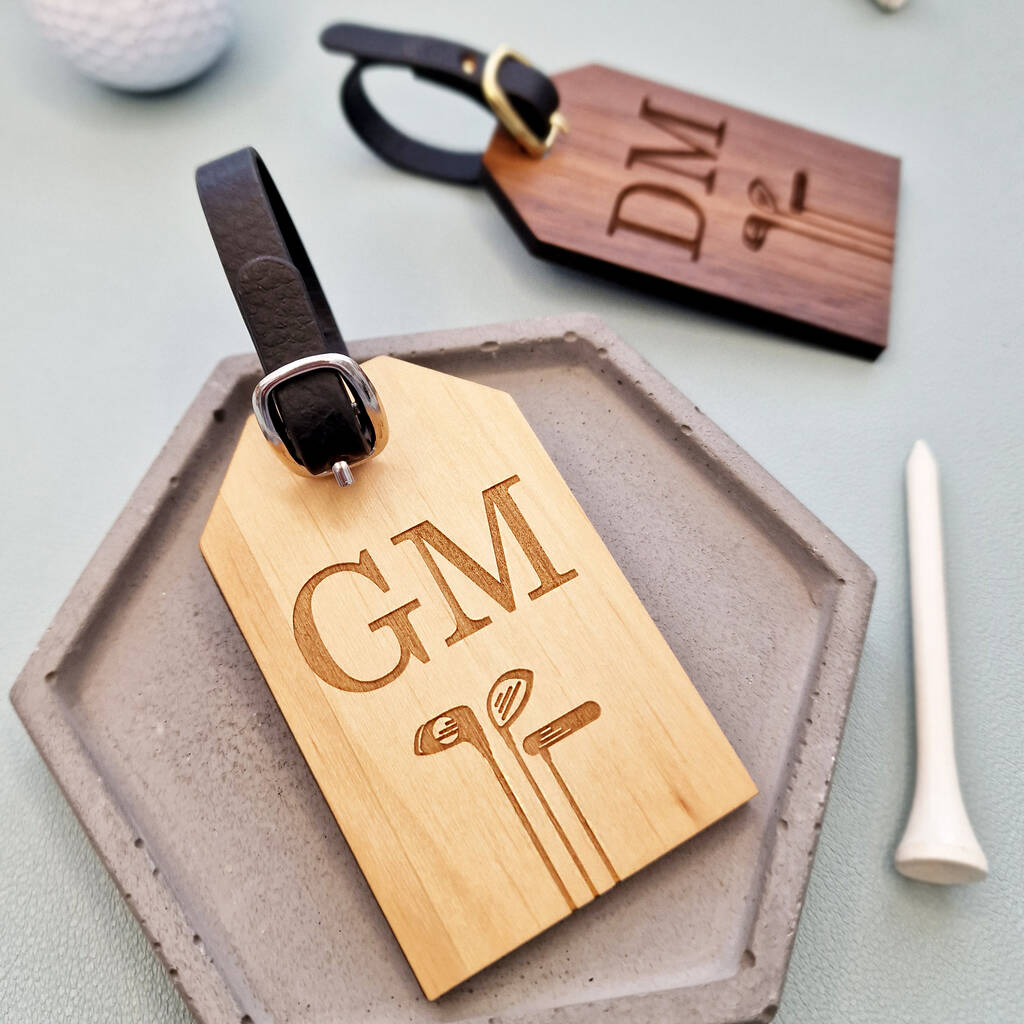 Wooden gold bag tag personalised with initials and golf clubs