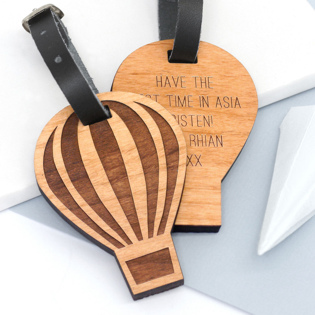 Wooden hot air balloon luggage tag