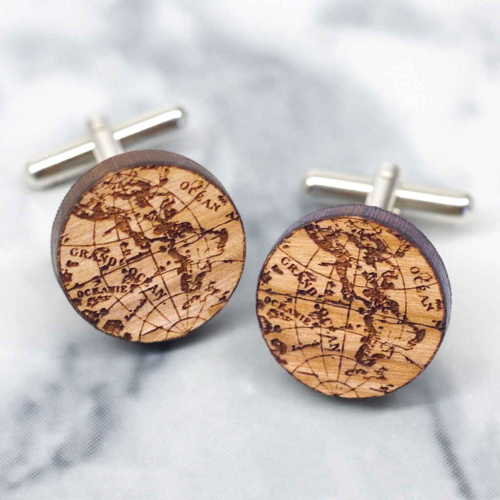 Wooden personalised globe cufflinks