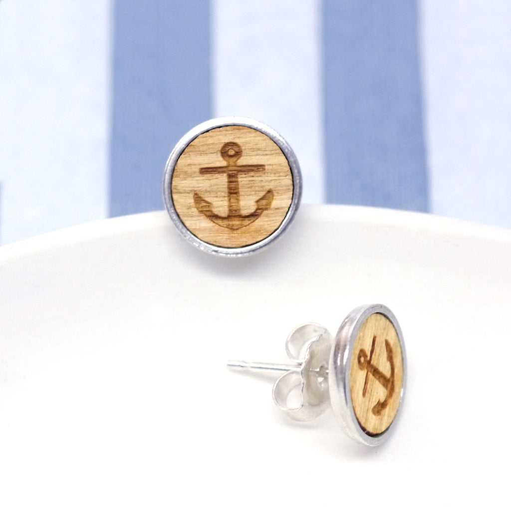 wooden anchor stud earring