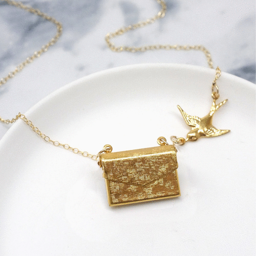 wooden envelope gold plated necklace