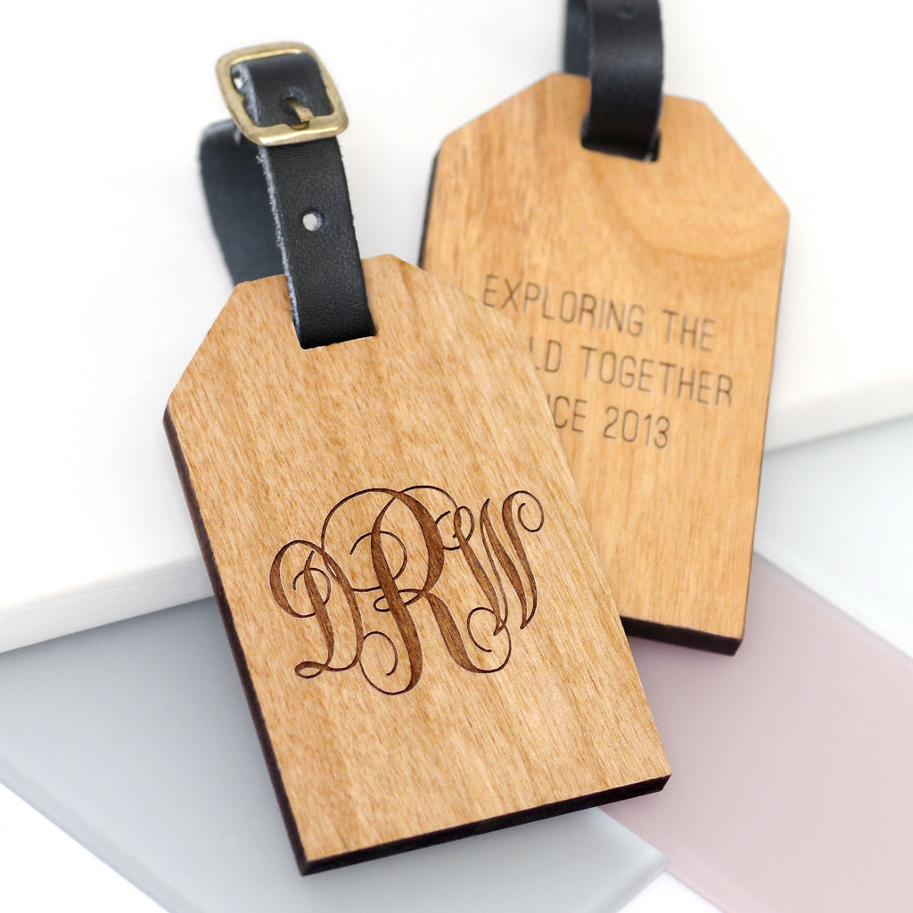 Wooden luggage tag with monogram initials